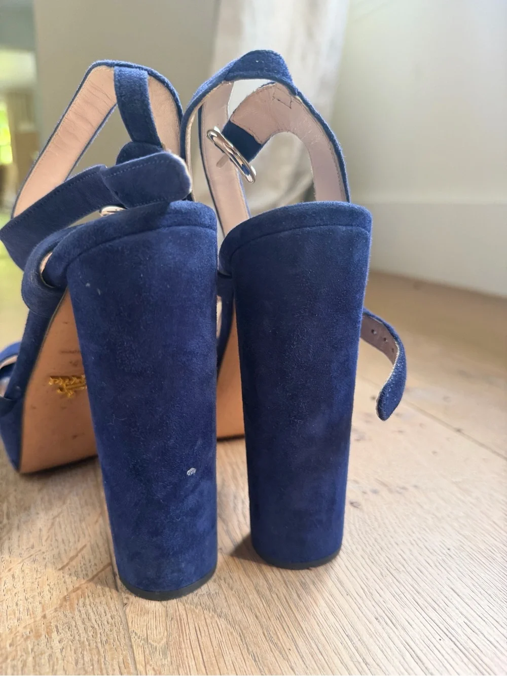 PRADA Platform Suede Block Heel Sandals - Navy